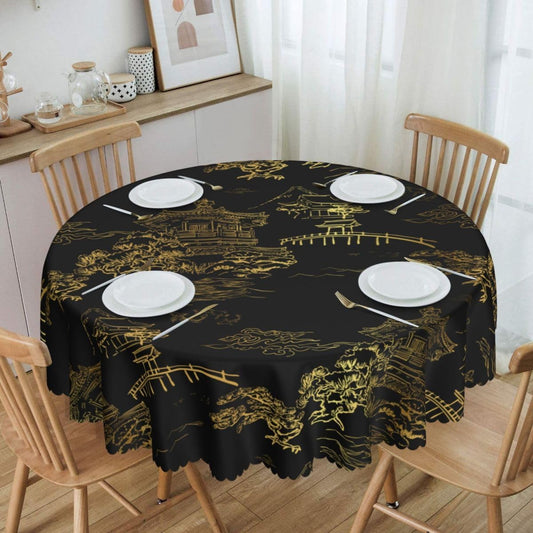 Japanese Tablecloth, Black Golden Traditioanal Chinese Landscape Oriental Vintage Water Resisitant Wipeable Table Cover for Dining Kitchen Living Room Home Party Holiday Decor 36 inch Round