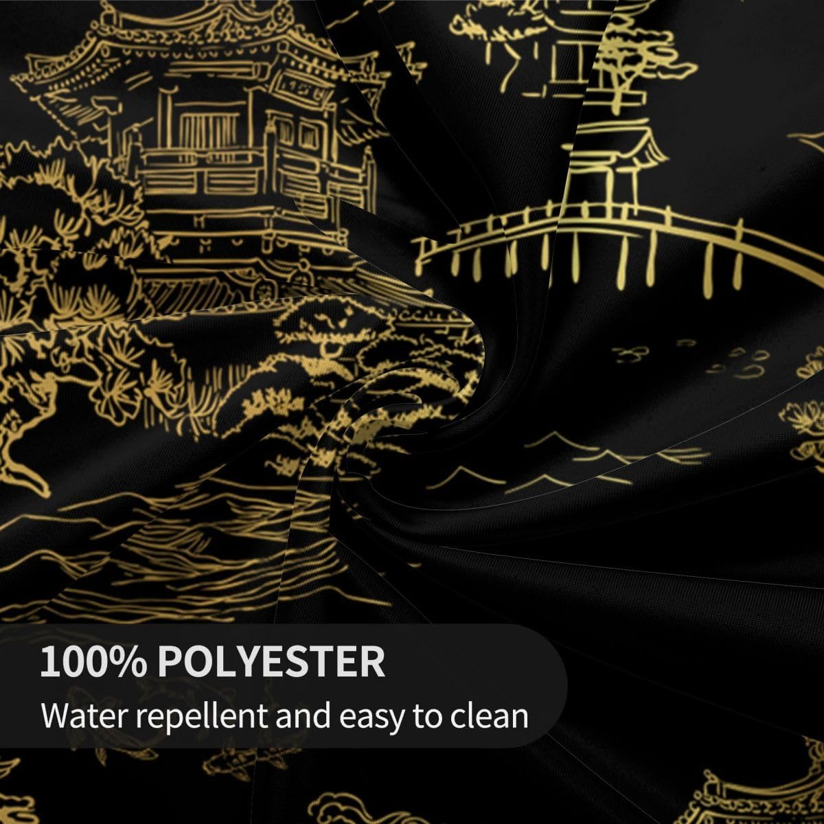 Japanese Tablecloth, Black Golden Traditioanal Chinese Landscape Oriental Vintage Water Resisitant Wipeable Table Cover for Dining Kitchen Living Room Home Party Holiday Decor 70 inch Round