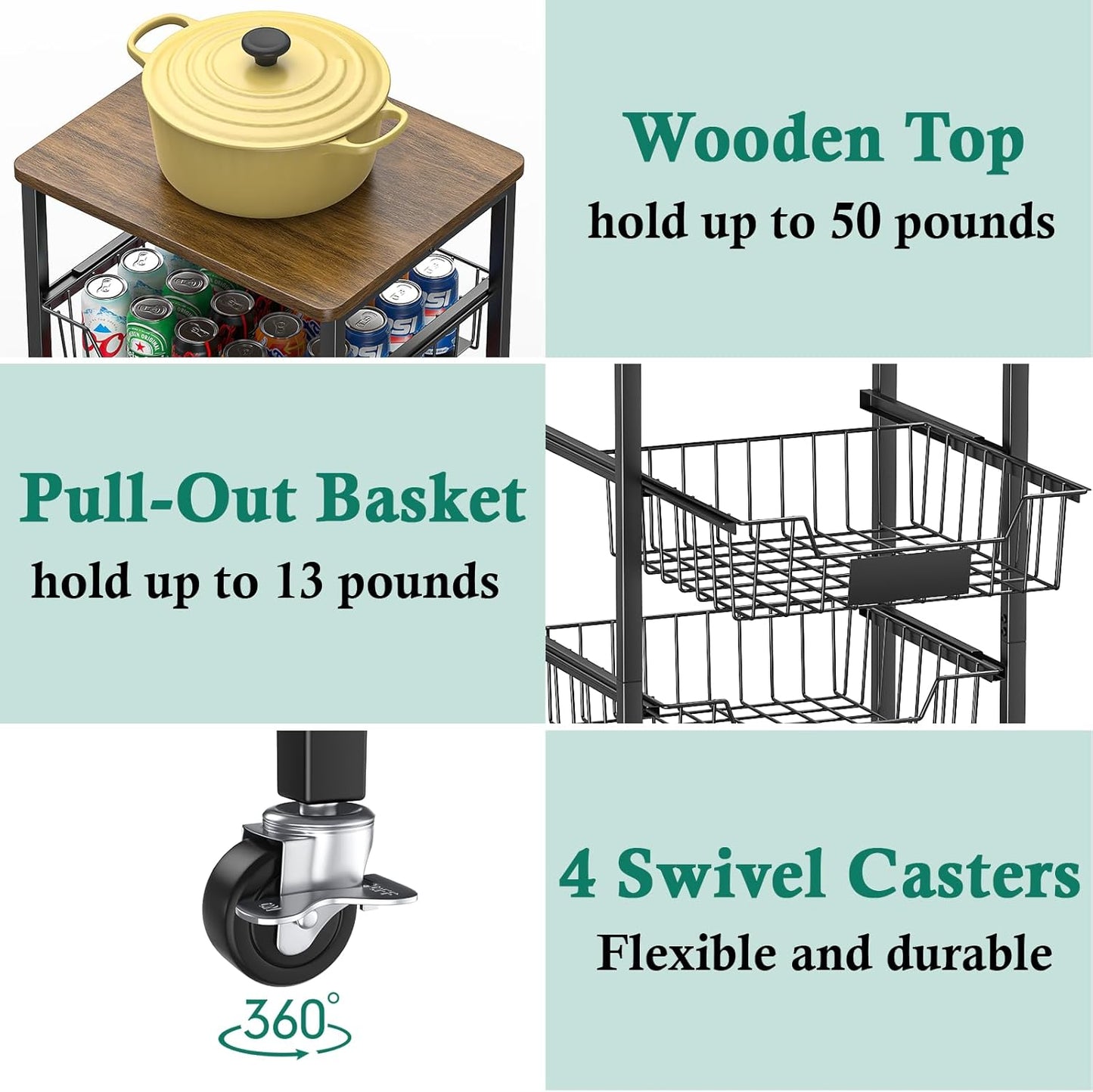 Kitchen Storage Cart with Wheels, 4-Tier Metal Utility Rolling Cart Fruit Vegetable Storage Basket Pantry Rack with Wood Top & Pull Out Baskets for Kitchen, Livingroom, Diningroom, Office