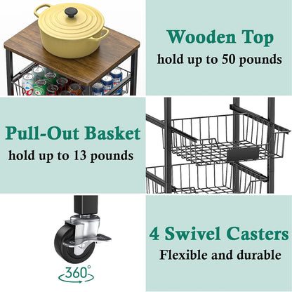Kitchen Storage Cart with Wheels, 4-Tier Metal Utility Rolling Cart Fruit Vegetable Storage Basket Pantry Rack with Wood Top & Pull Out Baskets for Kitchen, Livingroom, Diningroom, Office