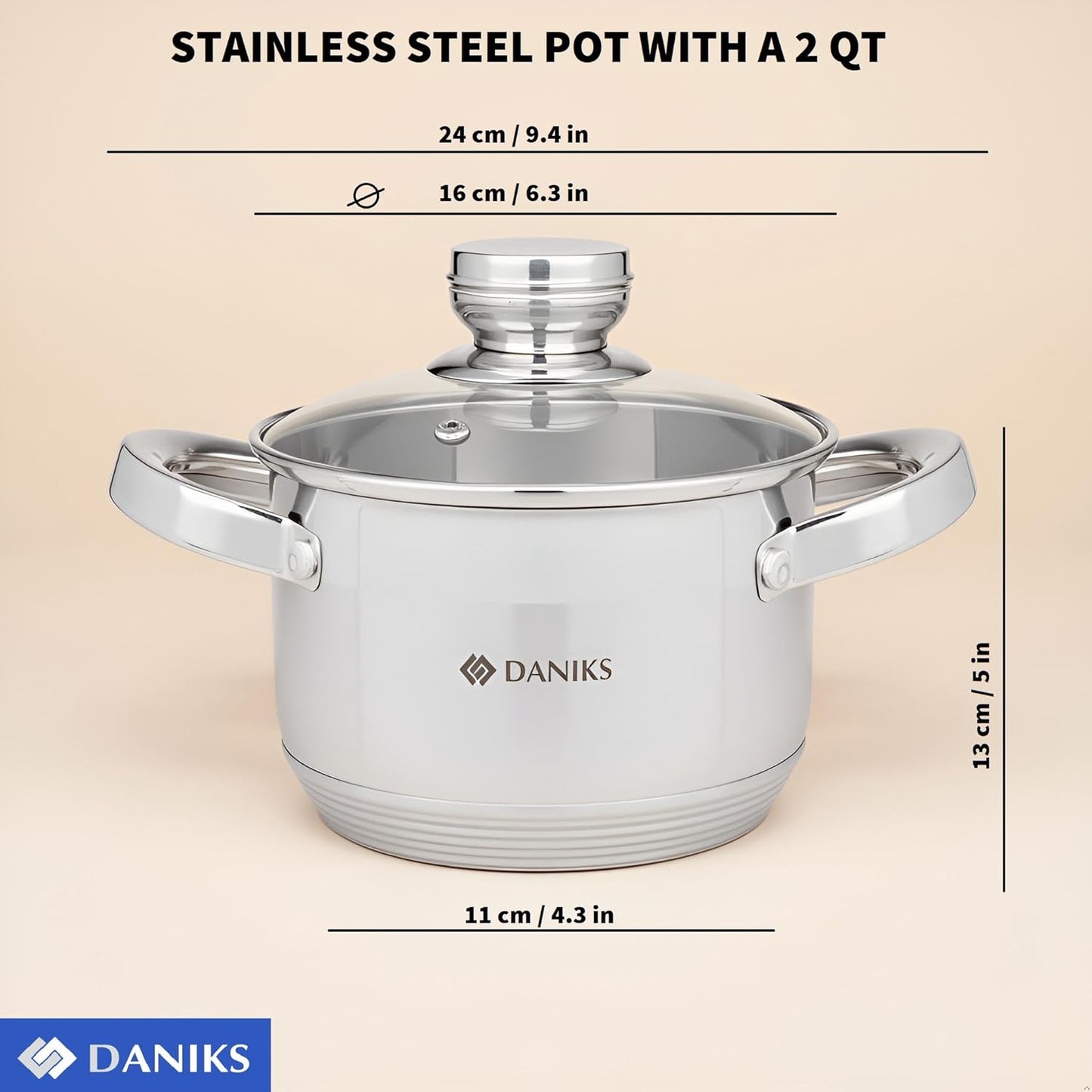 Daniks Standard Stainless Steel Stock Pot with Glass Lid – Induction 2 Quart, Dishwasher Safe, Measuring Scale, For Soup, Pasta, Stew, Silver