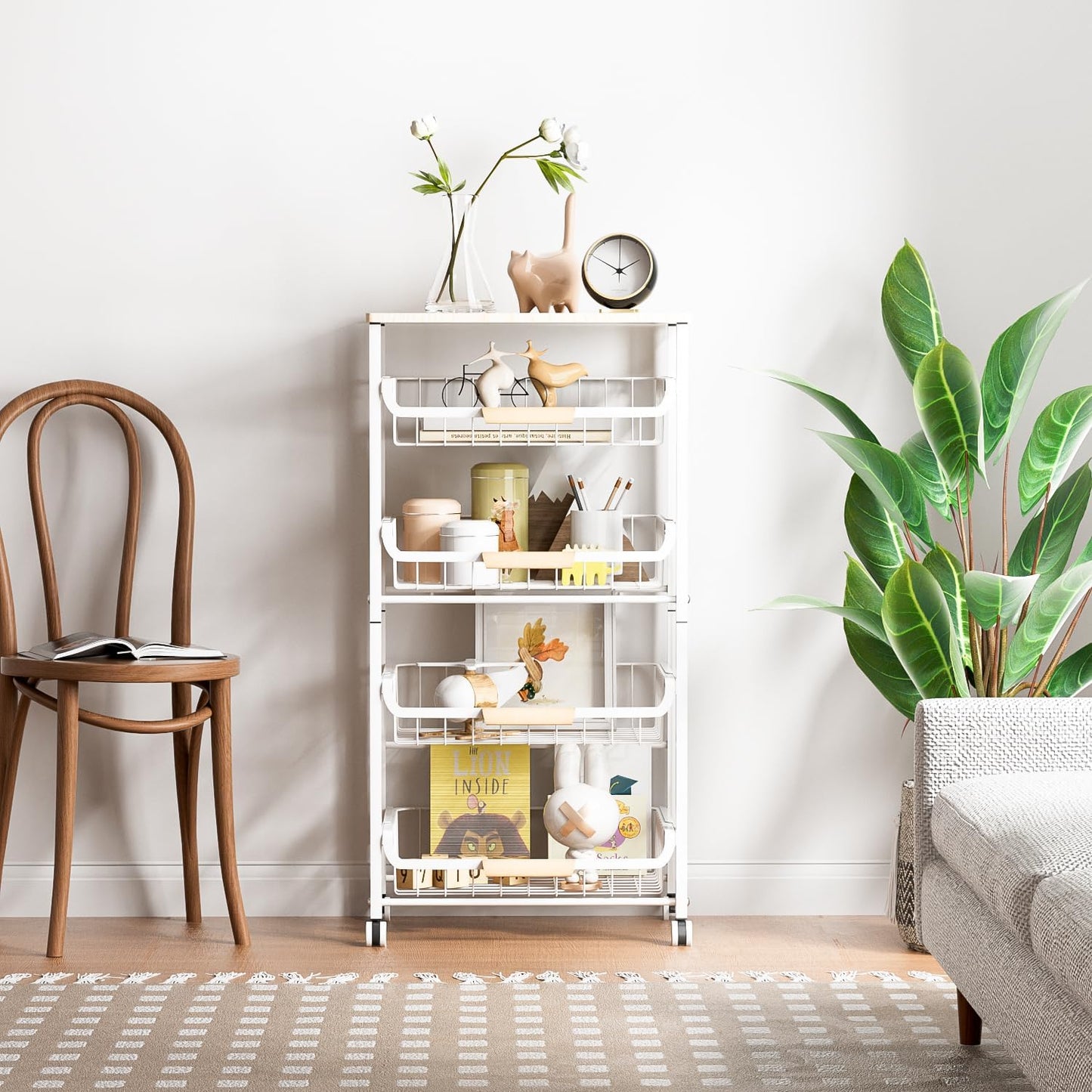 JAQ Fruit Basket for Kitchen, 5-Tier Slide Out Storage Baskets Carts Organizers Drawers with Wood Top Table with Rolling Wheels for Snacks Vegetables Vianderos Para Cocina Modernos (White, 5 Layer)