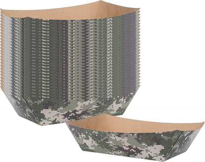 Restaurantware Bio Tek 2 Pound Food Boats 200 Disposable Paper Food Trays - Heavy-Duty Greaseproof Camouflage Paper Boats For Snacks Appetizers Or Treats Use At Parties Or Carnivals
