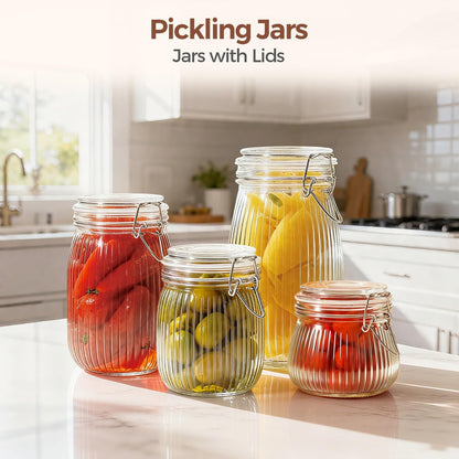 ComSaf Airtight Glass jar with lid 34oz Set of 3, Glass Storage Containers with Lids, Glass Canisters, Striped Clip Fastening Jar for Kitchen Canning, Tea, Pasta, Sugar, Beans, Cookie, Jam, Oat