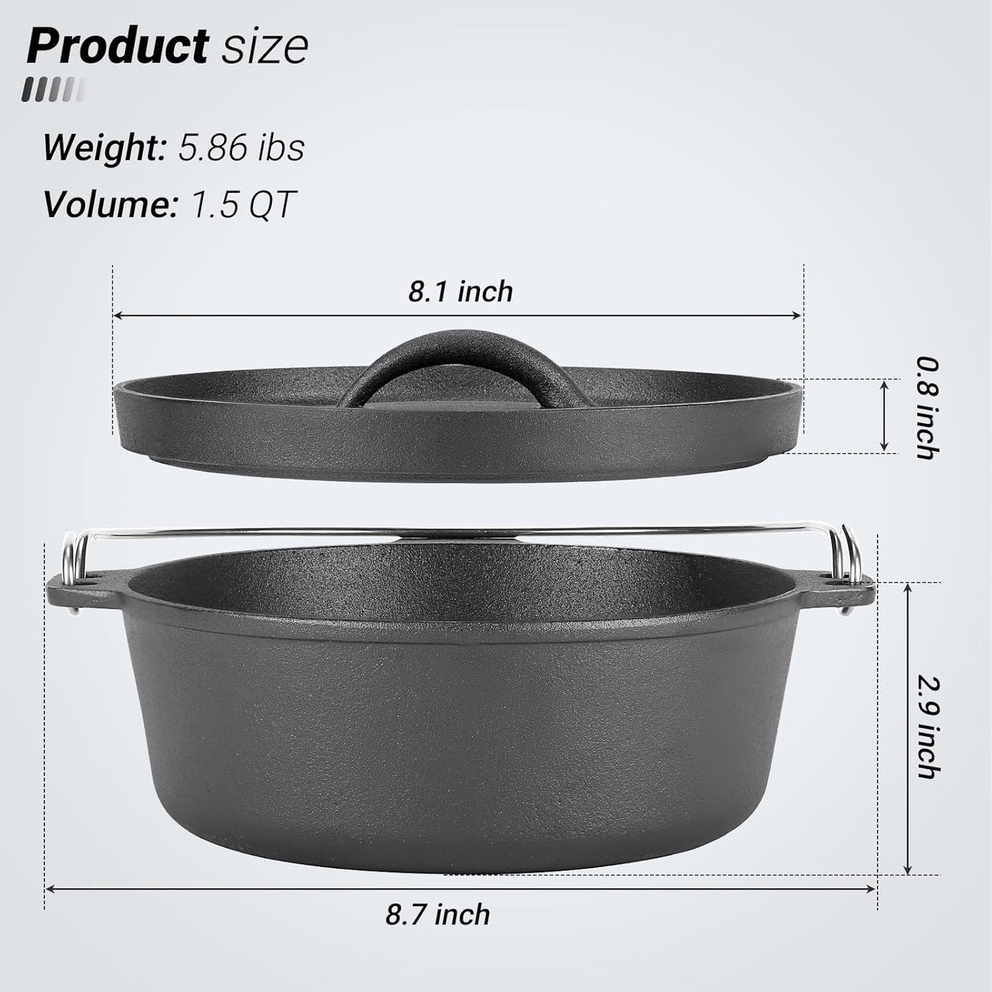Cast Iron Dutch Oven Pot with Lid, for Small Dishes, Side Dishes, Camping Cookware set, BBQ, Garlic Roaster, 1.5 Quart Pan