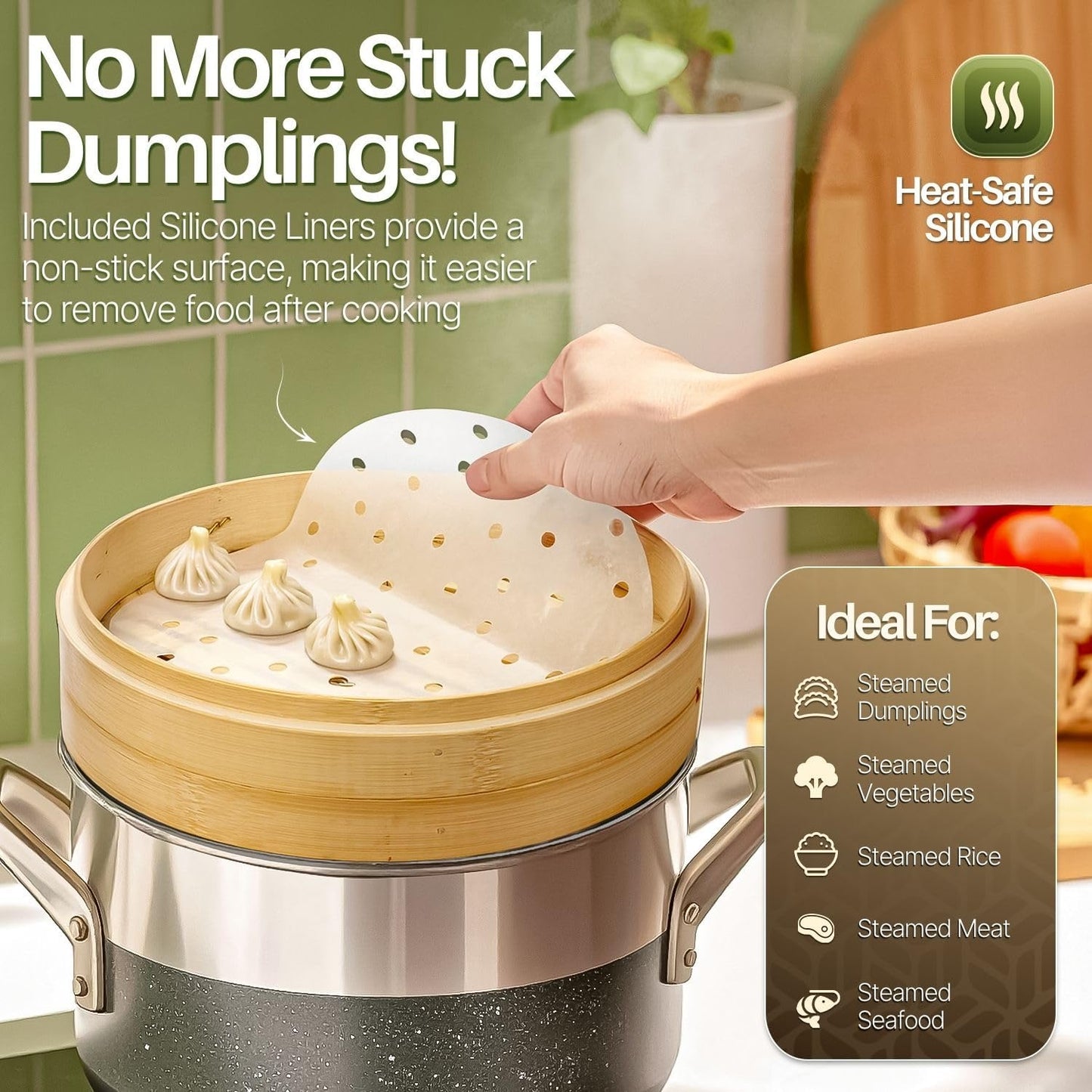 Flexzion Bamboo Steamer Basket Set (10 inch), 50 x Steamer Liners and 2 Pairs of Chopsticks, Steam Baskets for DimSum Dumplings, Rice, Vegetables, Fish and Meat