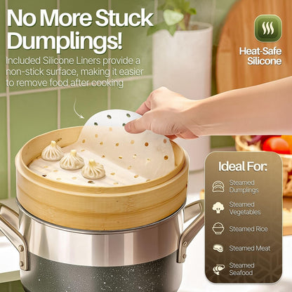 Flexzion Bamboo Steamer Basket Set (8 inch), 50 x Steamer Liners and 2 Pairs of Chopsticks, Steam Baskets for DimSum Dumplings, Rice, Vegetables, Fish and Meat