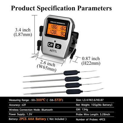 Wireless Digital Meat Thermometer,Instant Read Food Thermometer with LCD Display and 4 Stainless Probes,Advanced Electronic Thermometer Waterproof for BBQ Cooking Kitchen Outside Grill