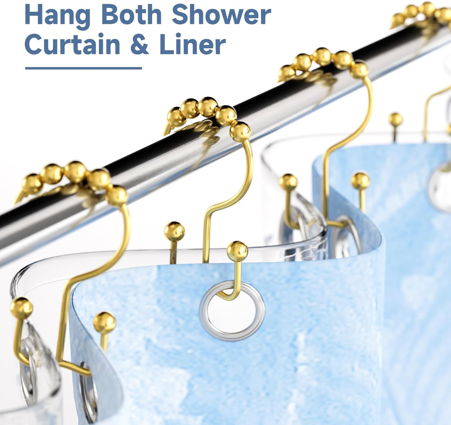 Titanker Shower Curtain Hooks Rings Gold, Metal Double Glide Shower Hooks Rings for Bathroom Shower Rods Curtains, Set of 12 Hooks - Dark Gold