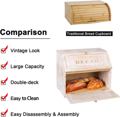 HOMEKOKO Vintage Double Layer Large Bread Box for Kitchen Counter, Retro Design Wooden Large Capacity Bread Storage Bin (White)
