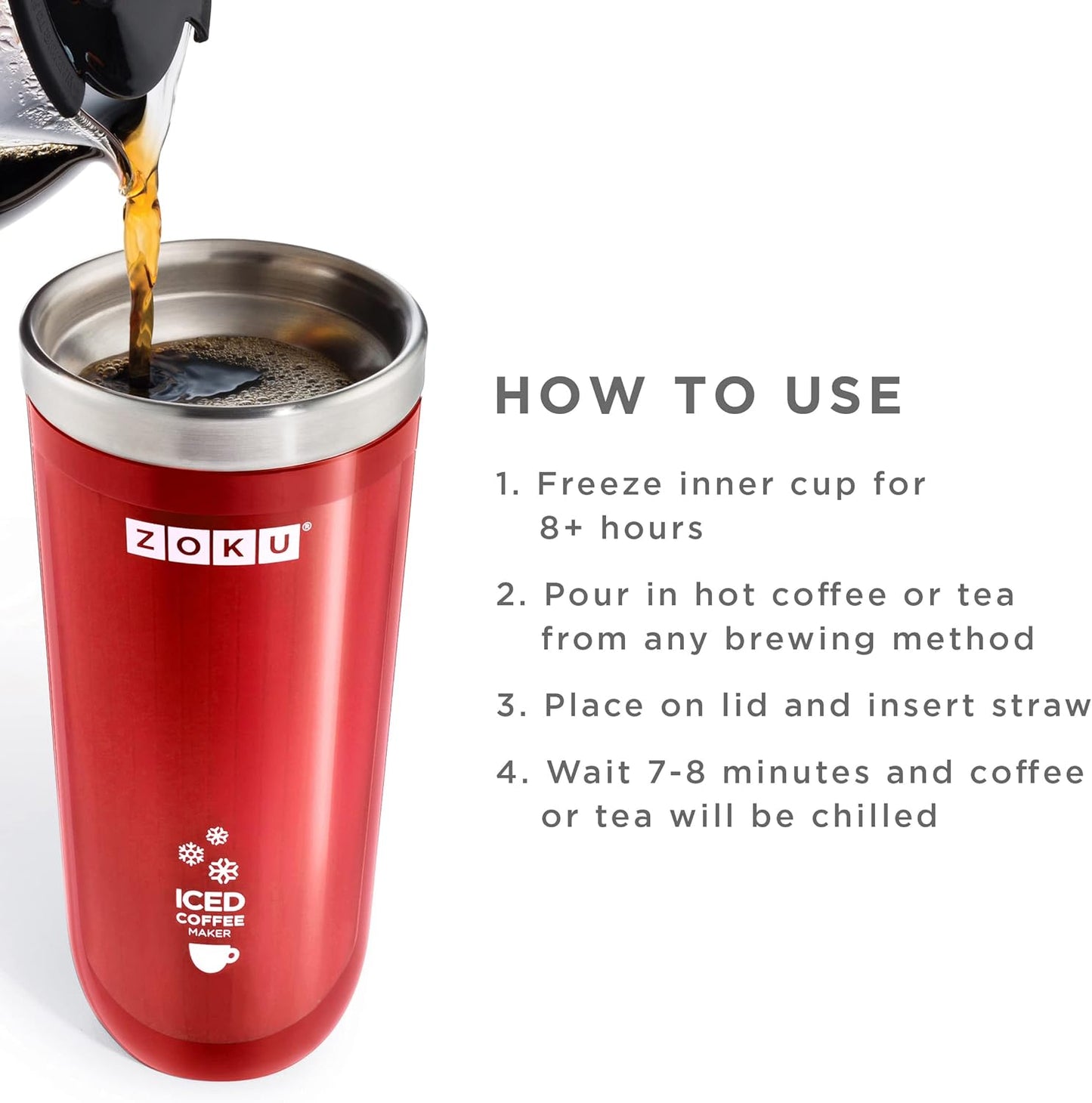 Zoku Instant Iced Coffee Maker, Reusable Beverage Chiller Cools Hot Beverages in Minutes Without Dilution, Portable 11-ounce Tumbler With Spill-resistant Lid and Straw, Red