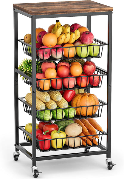 Fruit Vegetable Cart, 4-Tier Snack & Kitchen Cart on Wheels with Storage, Pull-Out Baskets & Wood Top, Rolling Organizer for Pantry, Living Room (Brown)