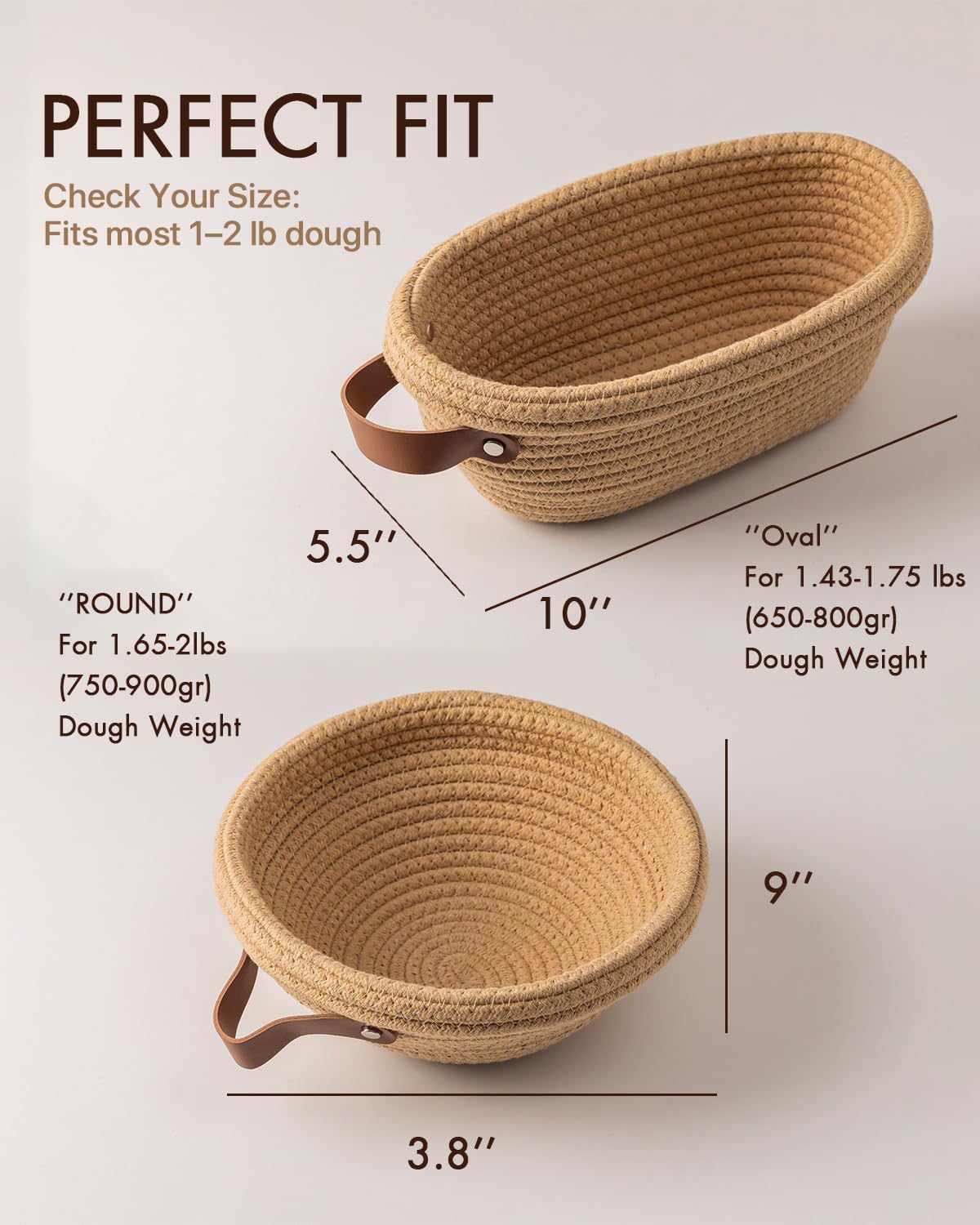 Crispier Crust Cotton Rope Banneton Bread Proofing Basket Set, Oval & Round Bread Baskets with Liners & Covers for Artisan Bread Baking, Sourdough Bread Baking Supplies(Brown)