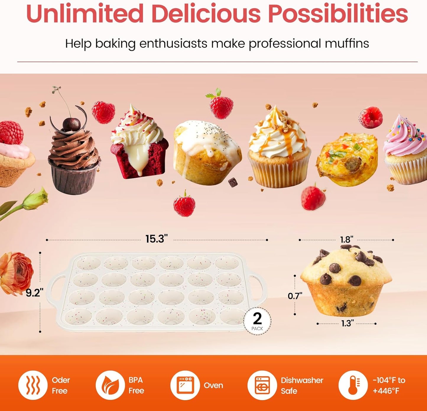 Silicone Muffin Pans With Metal Reinforced Frame - 24 Cups Durable Silicone Baking Pan for Muffins, Cupcakes, BPA Free and Dishwasher Safe - Beige with Rainbow Spots, Set of 2