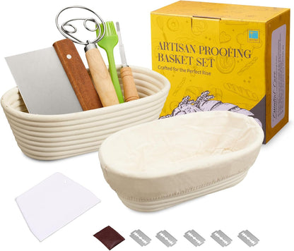 Banneton Bread Proofing Basket Banneton Basket Set Sourdough Proofing Basket Round Proofing Bowls Handmade Rattan Baskets and Liners (Oval of 2 Gift Set)