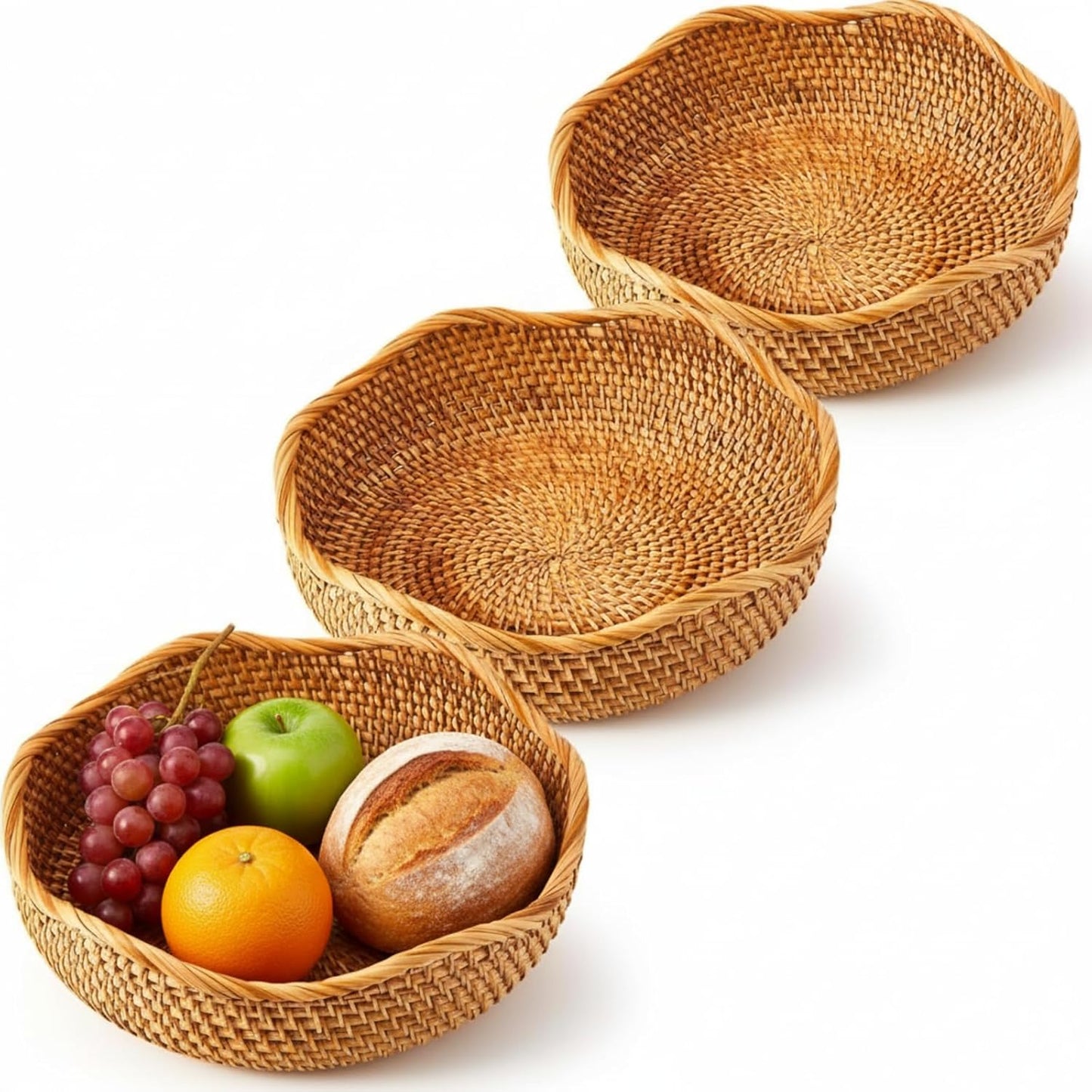 1.3 Pcs 10.2" Rattan Bread Baskets Wicker Fruit Food Storage Bowls Round Scalloped Natural Woven Decorative Serving Basket Tray for Kitchen Entryway Tabletop Counter Organizing