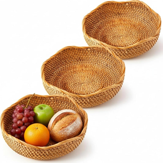 1.3 Pcs 10.2" Rattan Bread Baskets Wicker Fruit Food Storage Bowls Round Scalloped Natural Woven Decorative Serving Basket Tray for Kitchen Entryway Tabletop Counter Organizing