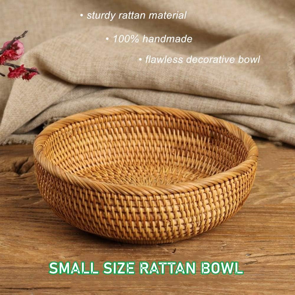 Hadewoven Round Rattan Fruit Basket Wicker Food Tray Weaving Storage Holder Dinning Room Bowl, 8 Inch Small Bread Baskets Tray for Serving with Deep Wall, Brown (Small 7.48”)