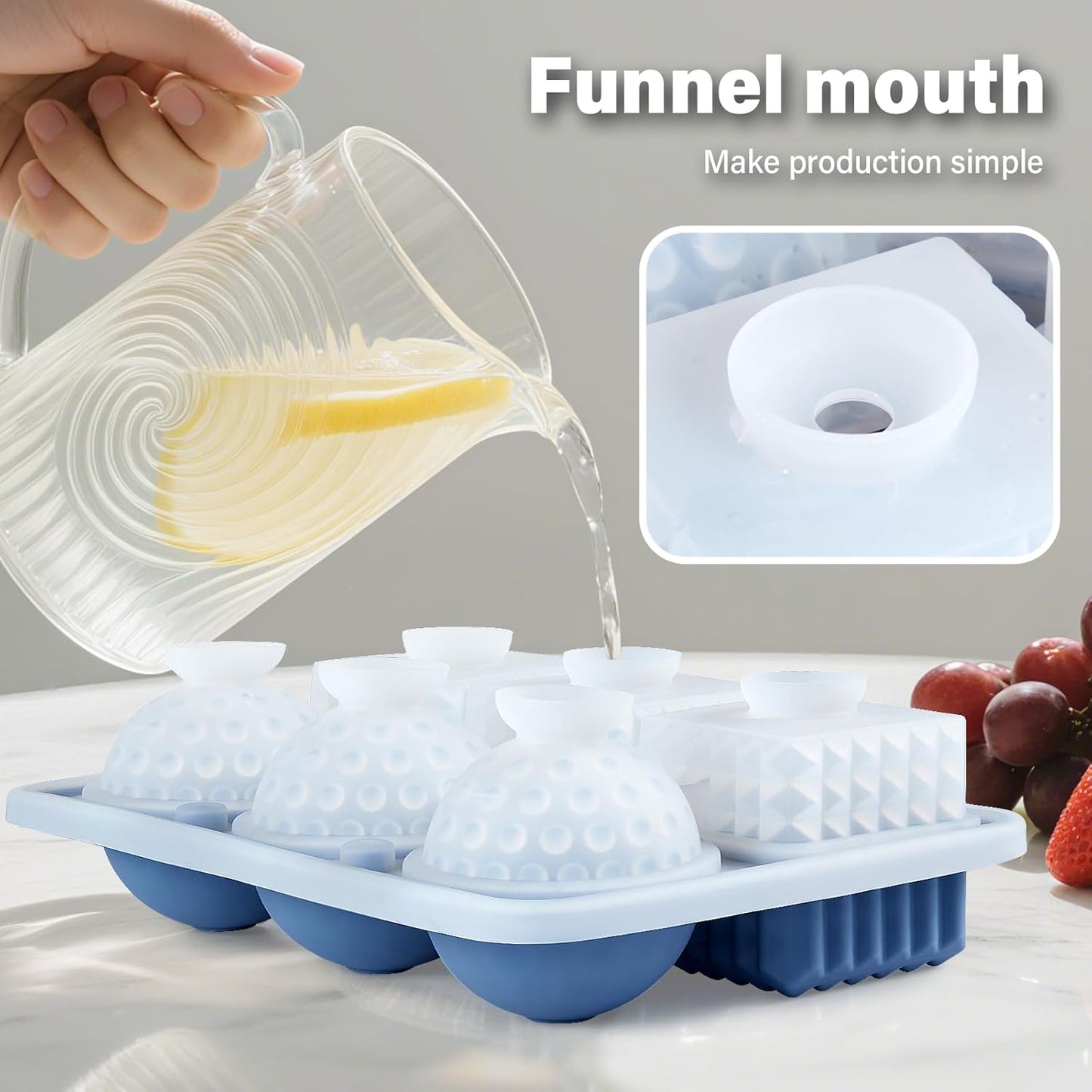 Acomler Large Silicone Ice Cube Tray, 3 Big Crystal Cubes & 3 Sphere Golf Ice Tray, BPA Free Ball Ice Molds, Ice Cube Mold with Funnel for Whiskey, Cocktails, 6 Holes Fun Shape Ice Maker Mold (Blue)