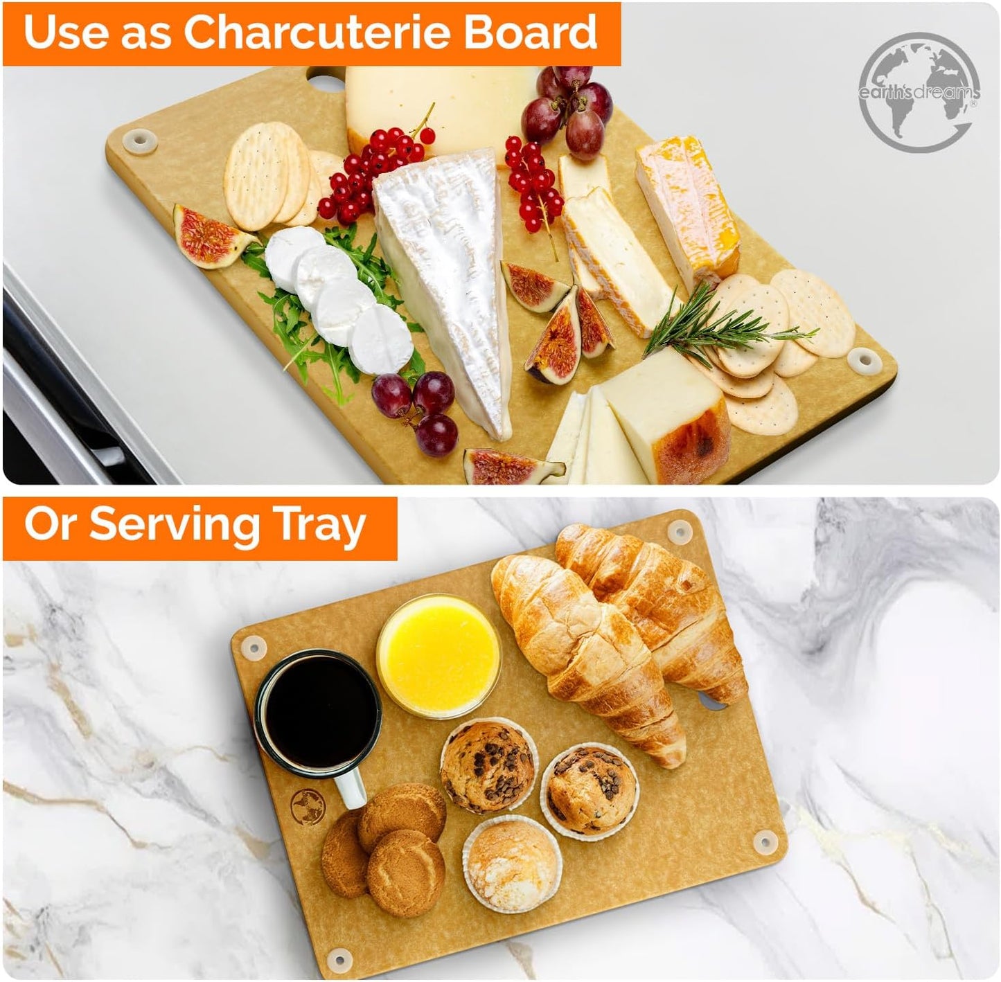 Earth’s Dreams Wood Cutting Board Set 3-Piece: Small, Large & Extra Large - Charcuterie Board, Non-Plastic, Non-Toxic, Heavy-Duty, Dishwasher Safe (Tan)