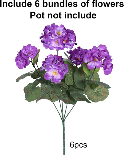 Artificial Geranium Fake Flowers for Outdoors Decoration, 6 Bundles Silk Geraniums Flower UV Resistant Look Real Faux Plants for Outside Planter Front Door Garden Patio Balcony Yard Home, Purple