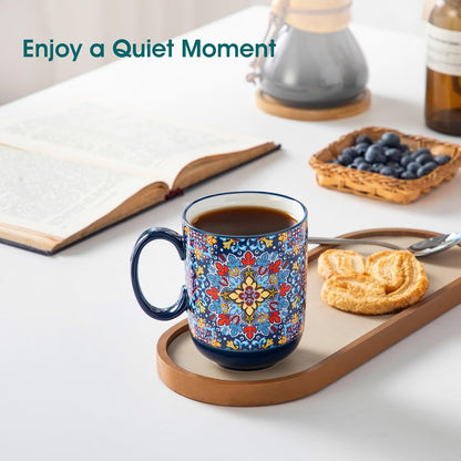 vancasso Boho Coffee Mugs Set of 6, 14 oz Ceramic Mugs with Handle, Colorful Porcelain Cups Microwave Dishwasher Safe, for Latte Tea Cappuccino Cocoa Hot Chocolate