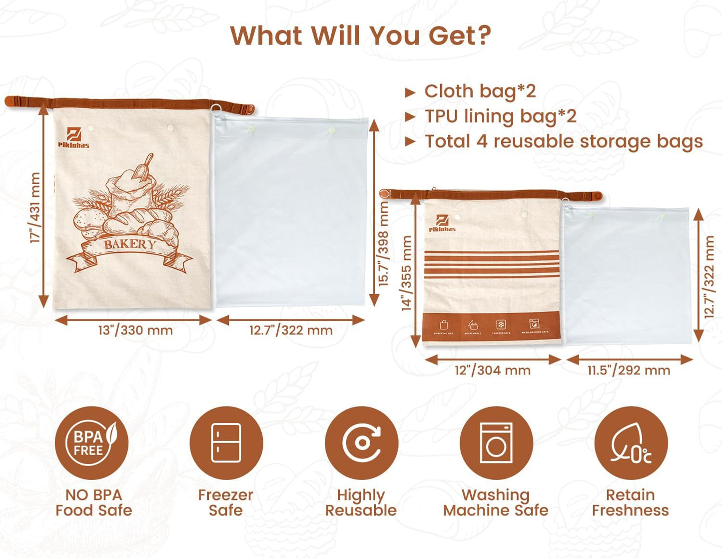 Sourdough Bread Bags, 2 Sets Detachable Bread Storage for Homemade Sourdough, Reusable Linen Food Storage with Lining & Triple Lock for Fresh Keeping, BPA Free, Christmas Baking Gifts