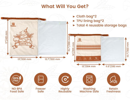 Sourdough Bread Bags, 2 Sets Detachable Bread Storage for Homemade Sourdough, Reusable Linen Food Storage with Lining & Triple Lock for Fresh Keeping, BPA Free, Christmas Baking Gifts