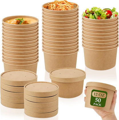 Sabary 50 Pack 12oz Paper Soup Containers with Lid Disposable Kraft Soup Food Bowl Microwavable Food Storage Ice Cream Containers Nice for Restaurants (Brown)