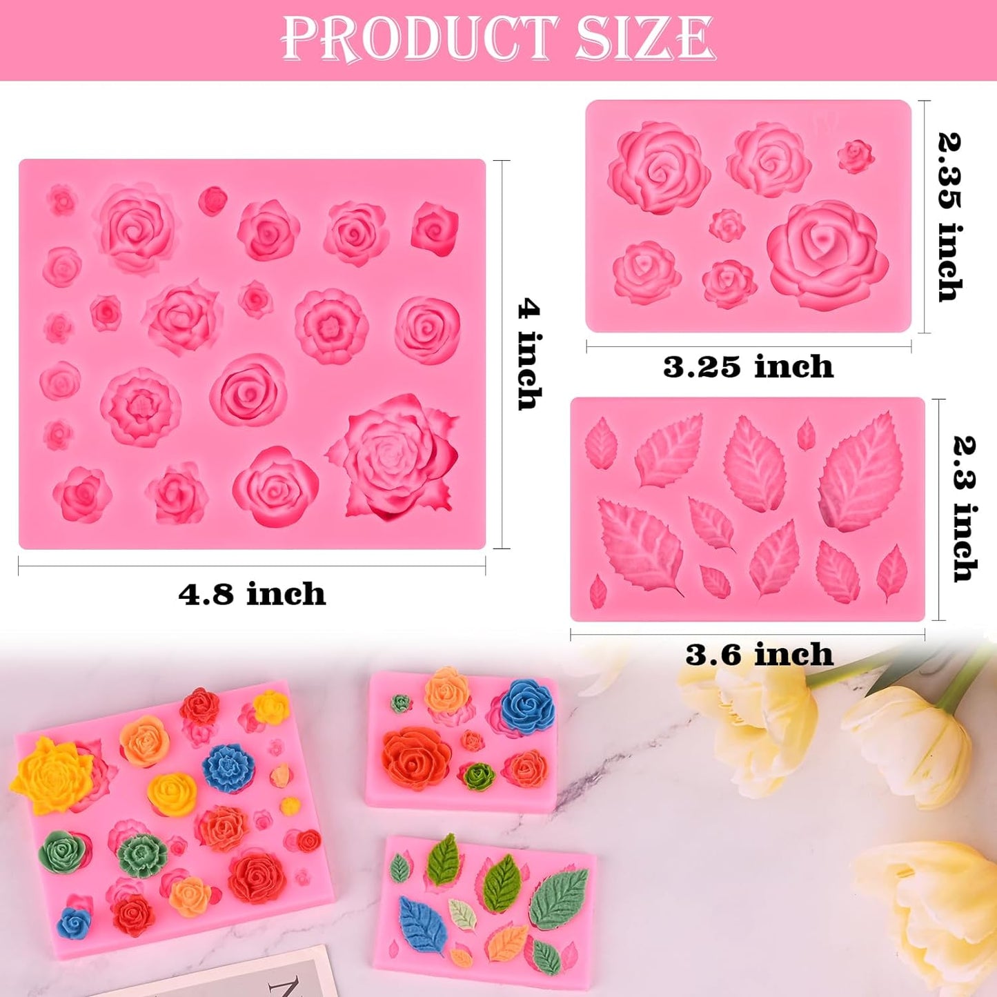 Actvty Rose Flower Silicone Mold, Leaves Candy Mold, 3 Pcs Mini Rose and Leaf Silicone Molds for Chocolate Fondant Sugarcraft Clay Candy Gummy Cupcake Toppers Cake Decorating
