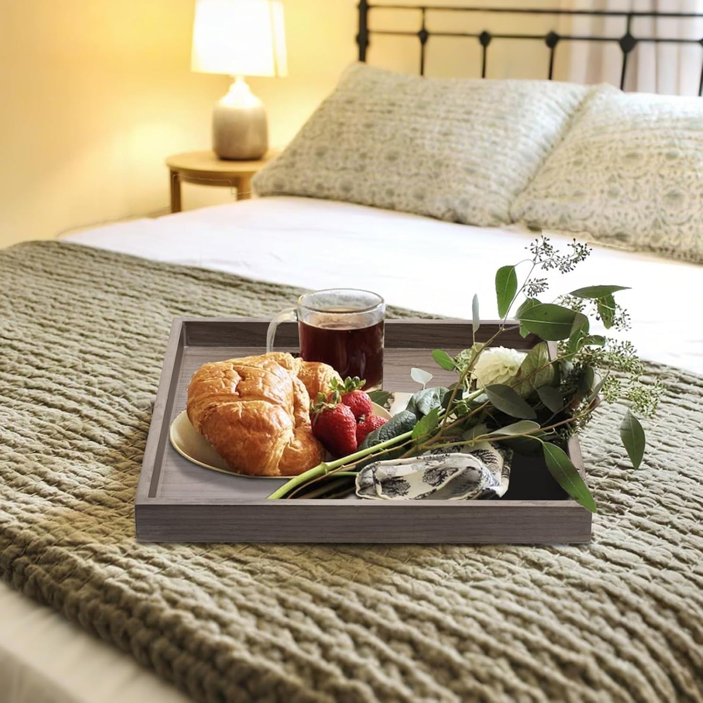 Wooden Square Serving Tray Home Decor,Black Walnut Wood Ottoman Tray for Living Room,Classic Wood Decorative Storage Coffee Trays,Storage and Display of Bread Food Fruit