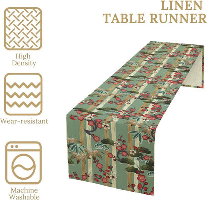 Bamboo Plum Blossom Table Runner, Chinese Janan Style Oriental Plants Traditional Culture Colorful Table Runner for Study Living Room Kitchen Bedroom Home Set, 13x90 Inch