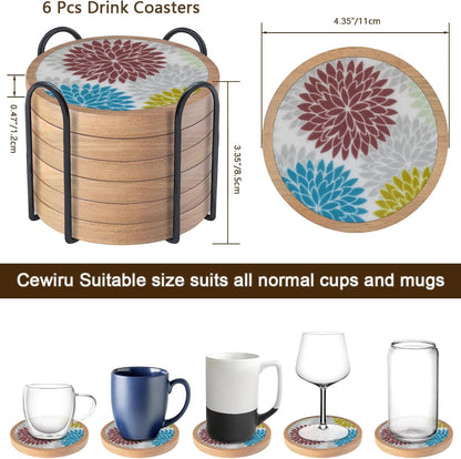 Wood Coasters Set of 6 with Holder, Cewiru Cup Mat for Drinks, Absorbent Coasters with Felt Insert for Coffee Table Protection, Modern Style Home Dining Table Decor, 4.3" Colorful