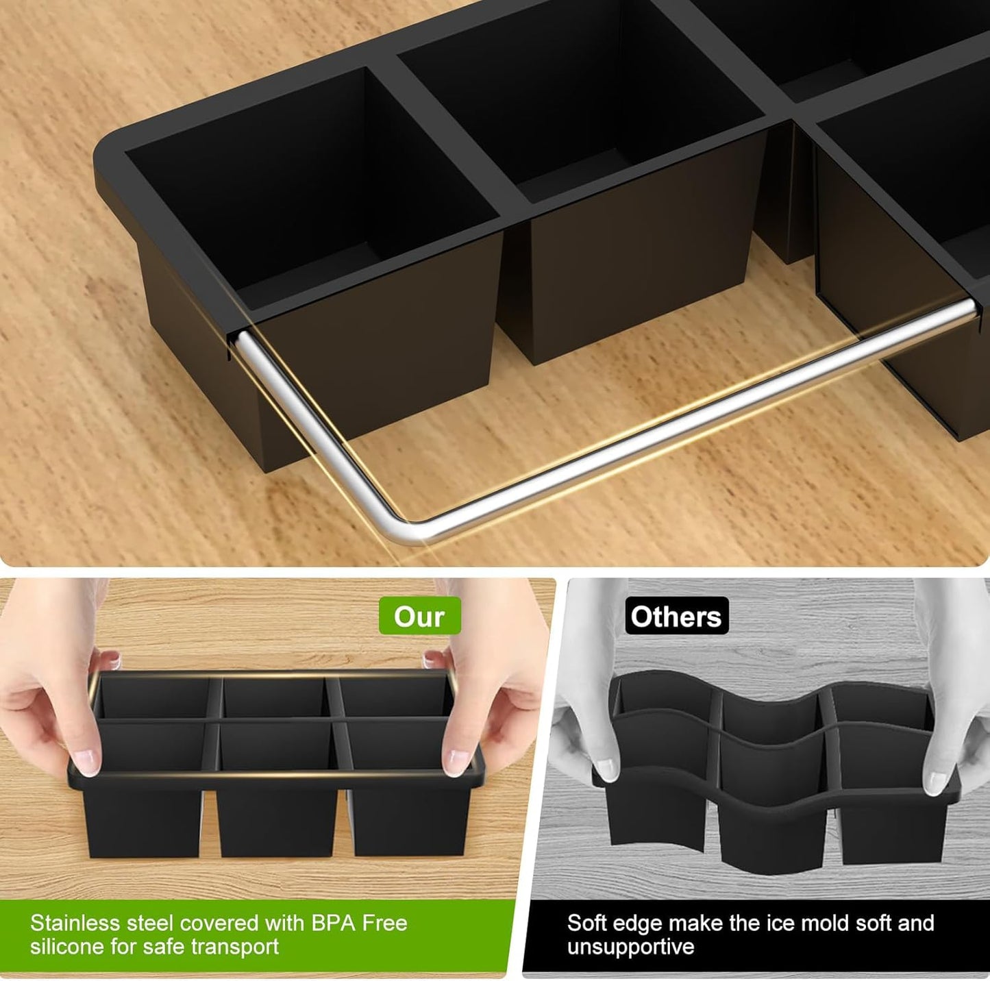 Samuelworld Premium Ice Tray Combo (3 Pack), Large Ice Sphere Maker & New Upgraded Ice Cube Trays, Food Grade, Easy To Use, Spill-Free Integrated Funnels, Whiskey Bourbon Cocktails, Black