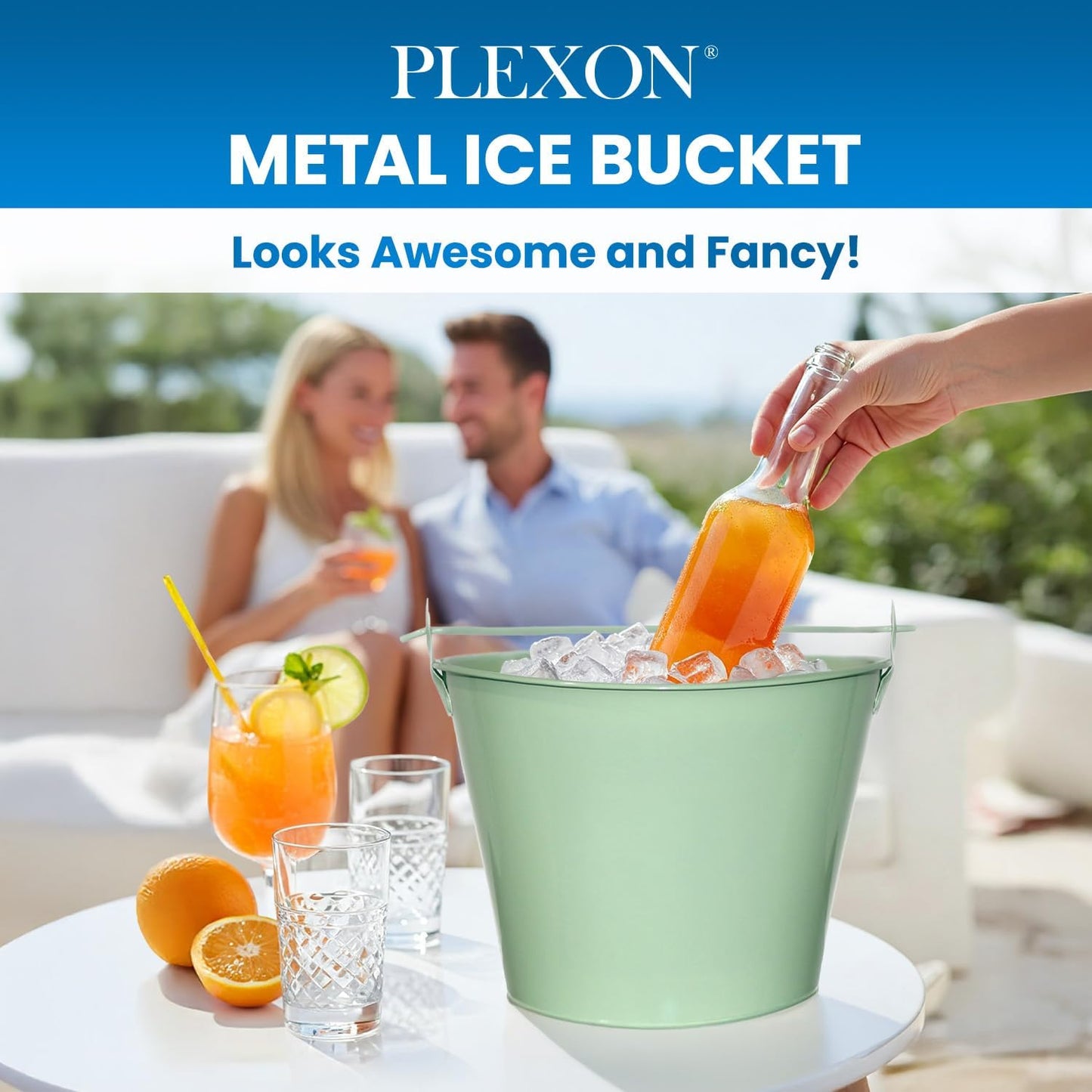 PLEXON Galvanized Metal Ice Bucket for Parties Coctail Bar Restaurant - Drink Beer Champagne Metal Pail Bucket with Handle, Beverage Chiller Cooler Small 1.3 Gallon, Green Set of 2