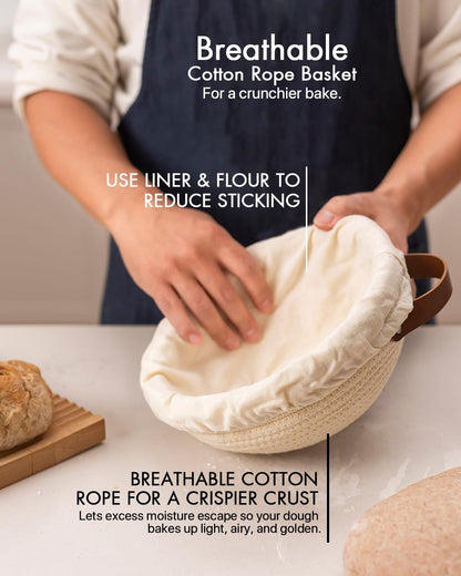 Crispier Crust Cotton Rope Banneton Bread Proofing Basket Set, Oval & Round Bread Baskets with Liners & Covers for Artisan Bread Baking, Sourdough Bread Baking Supplies(Cream)