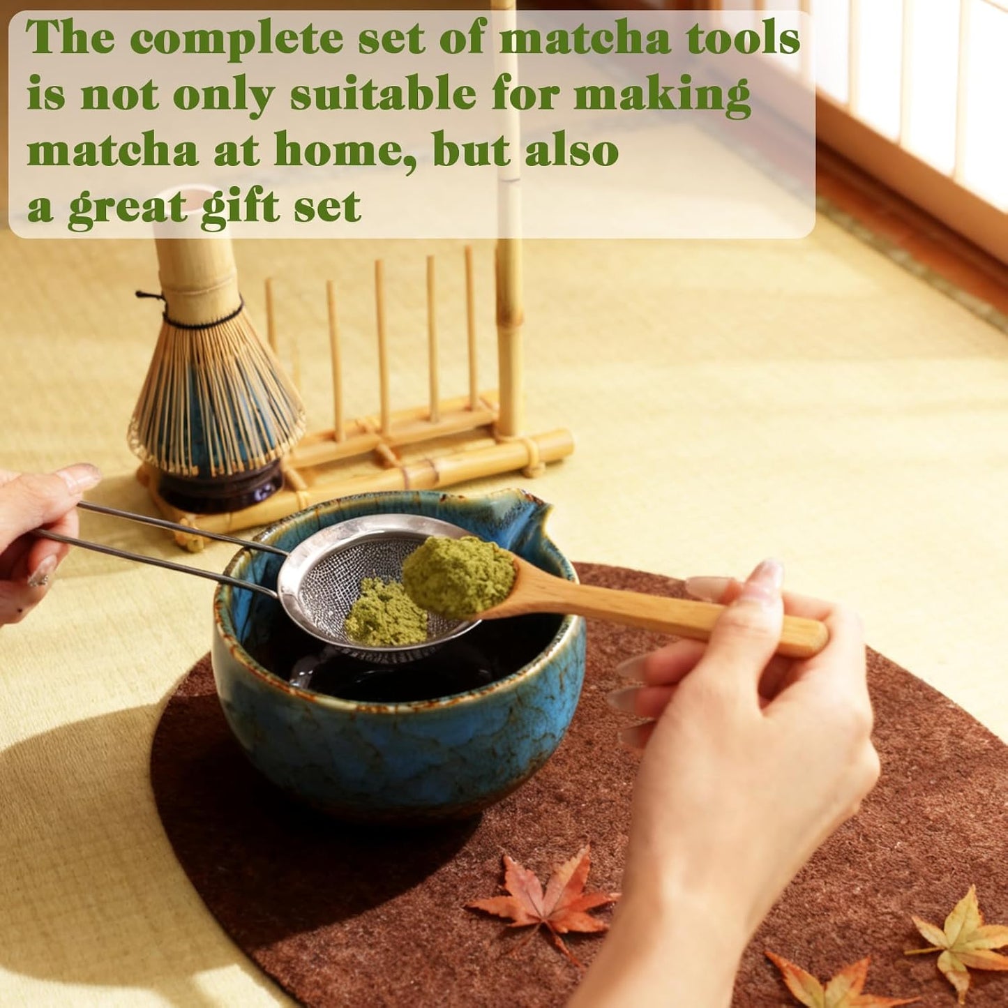 HEYMKGO Matcha Whisk Set 8 Pcs, Sapphire Blue Matcha Bowl with Spout, Bamboo Whisk & Holder, Scoop, Scoop Rest, Sifter, Bamboo Spoon & Tea Towel - Traditional Japanese Matcha Tea Ceremony Kit