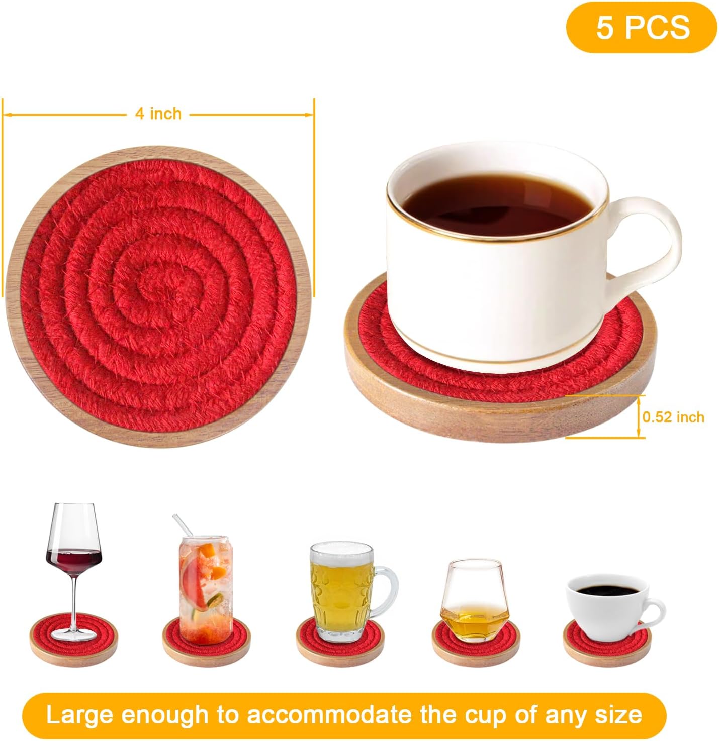 Woven Coasters Set of 5 with Holder, Wooden Drink Coasters for Coffee Table, Housewarming Gift for Farmhouse Home Decor, 4 inches (Red)