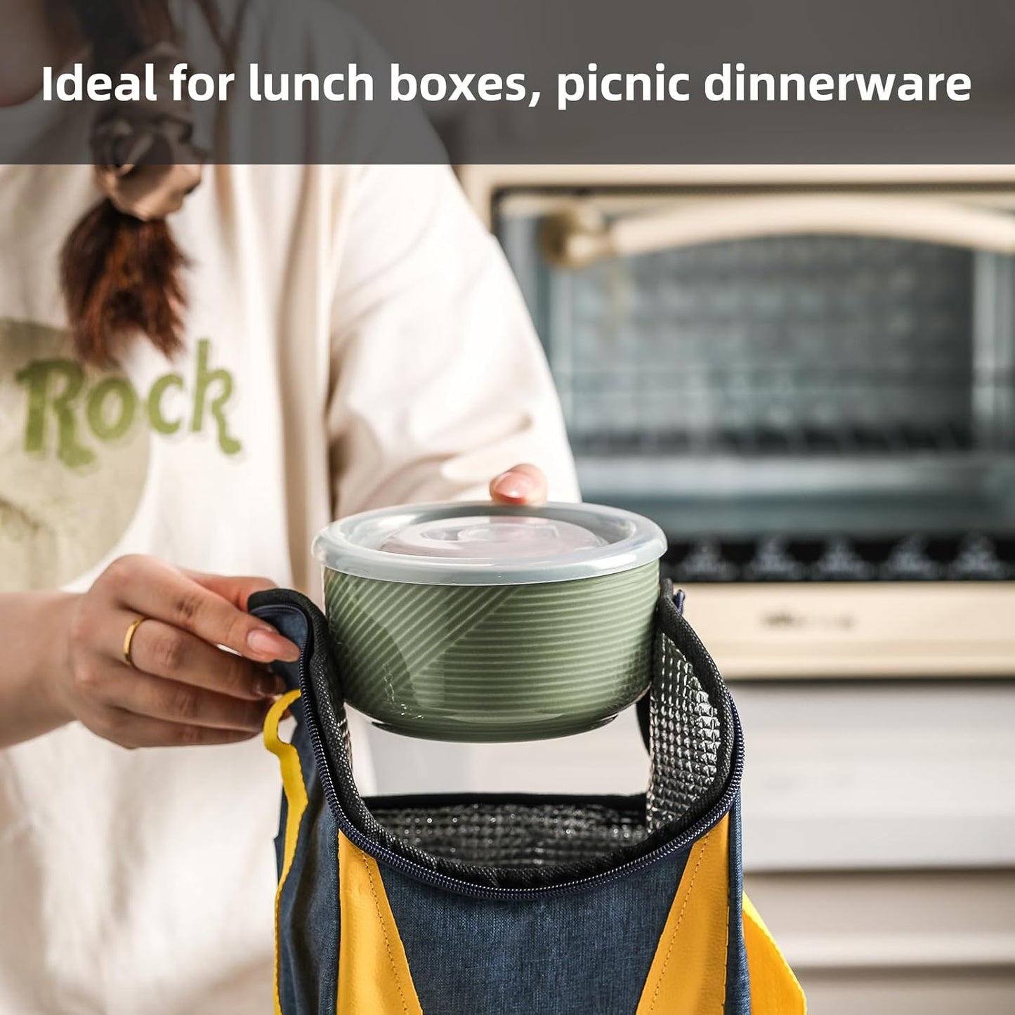 Ceramic Nesting Bowls with Lid: Microwave Safe Food Storage Containers for Work Lunch Picnic Camping Meal Prep Soup Salad Cereal Leftovers - 5 & 6 Inch, 20 & 32 oz, Set of 2, Green