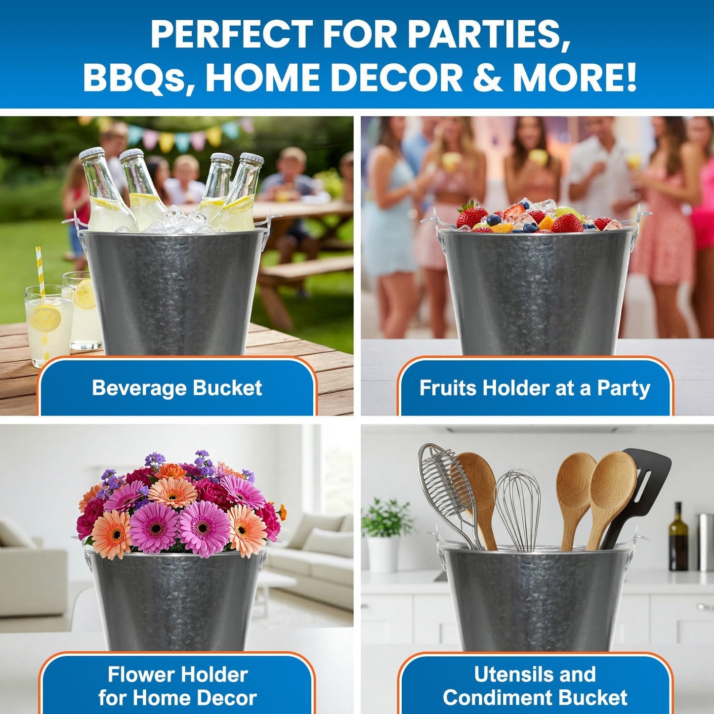 PLEXON Galvanized Metal Ice Bucket for Parties Coctail Bar Restaurant Set of 3 - Drink Beer Champagne Metal Pail Bucket with Handle, Beverage Chiller Cooler Small 1.3 Gallon