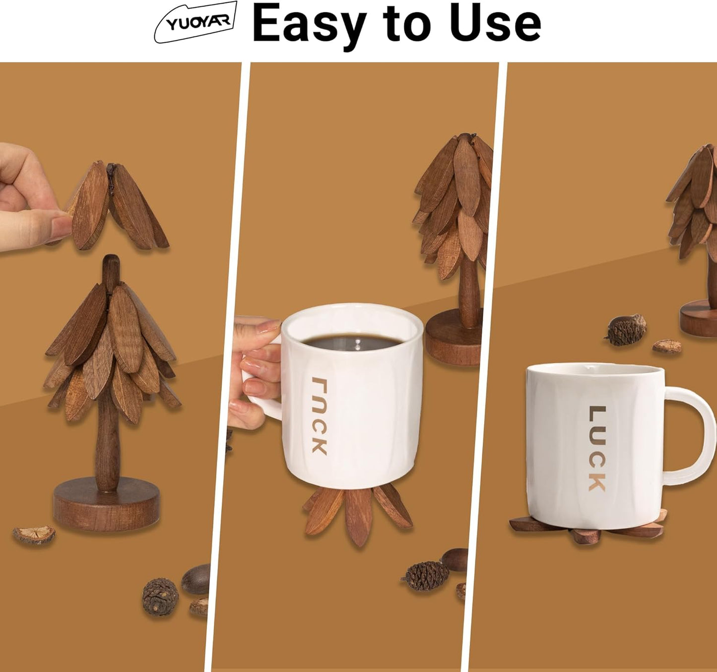 Yuoyar Coasters, Wooden Tree-Shaped Sapeli Wood Drink Coasters Set for Coffee Table, Kitchen Table Decor