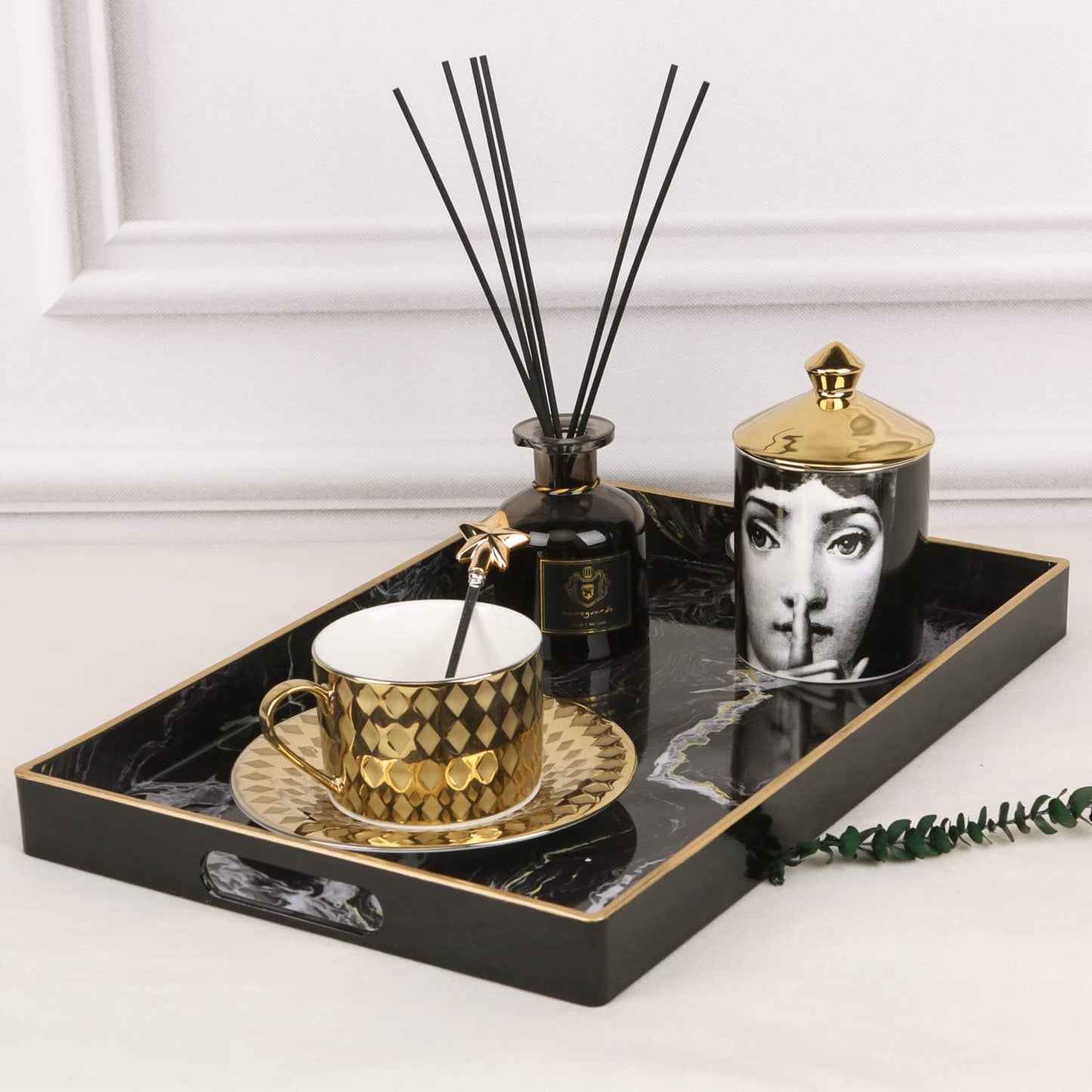 Zosenley Decorative Tray, Marbling Plastic Tray with Handles, Rectangular Vanity Tray and Serving Tray for Bathroom, Kitchen, Ottoman and Coffee Table, 15.6” x 10.2”, Black