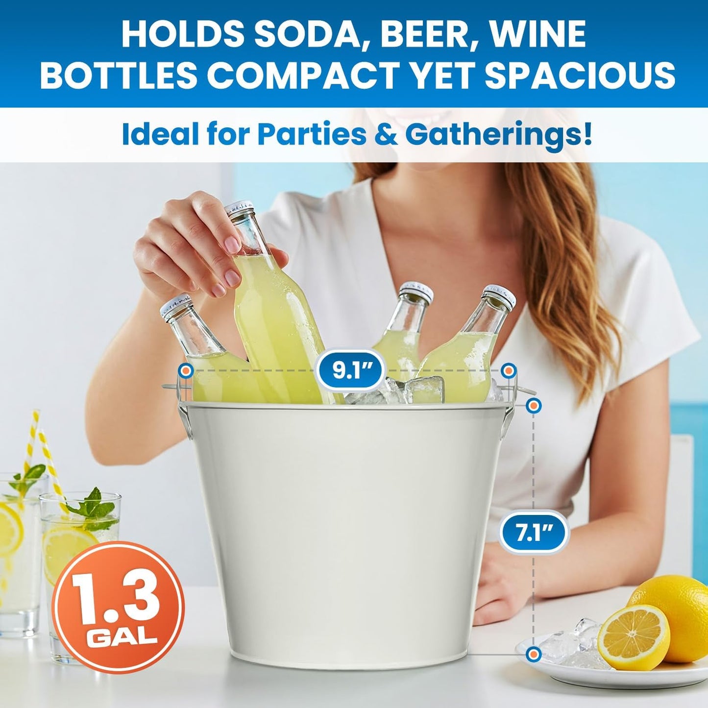 PLEXON Galvanized Metal Ice Bucket for Parties Coctail Bar Restaurant - Drink Beer Champagne Metal Pail Bucket with Handle, Beverage Chiller Cooler Small 1.3 Gallon, Off-White, Set of 6