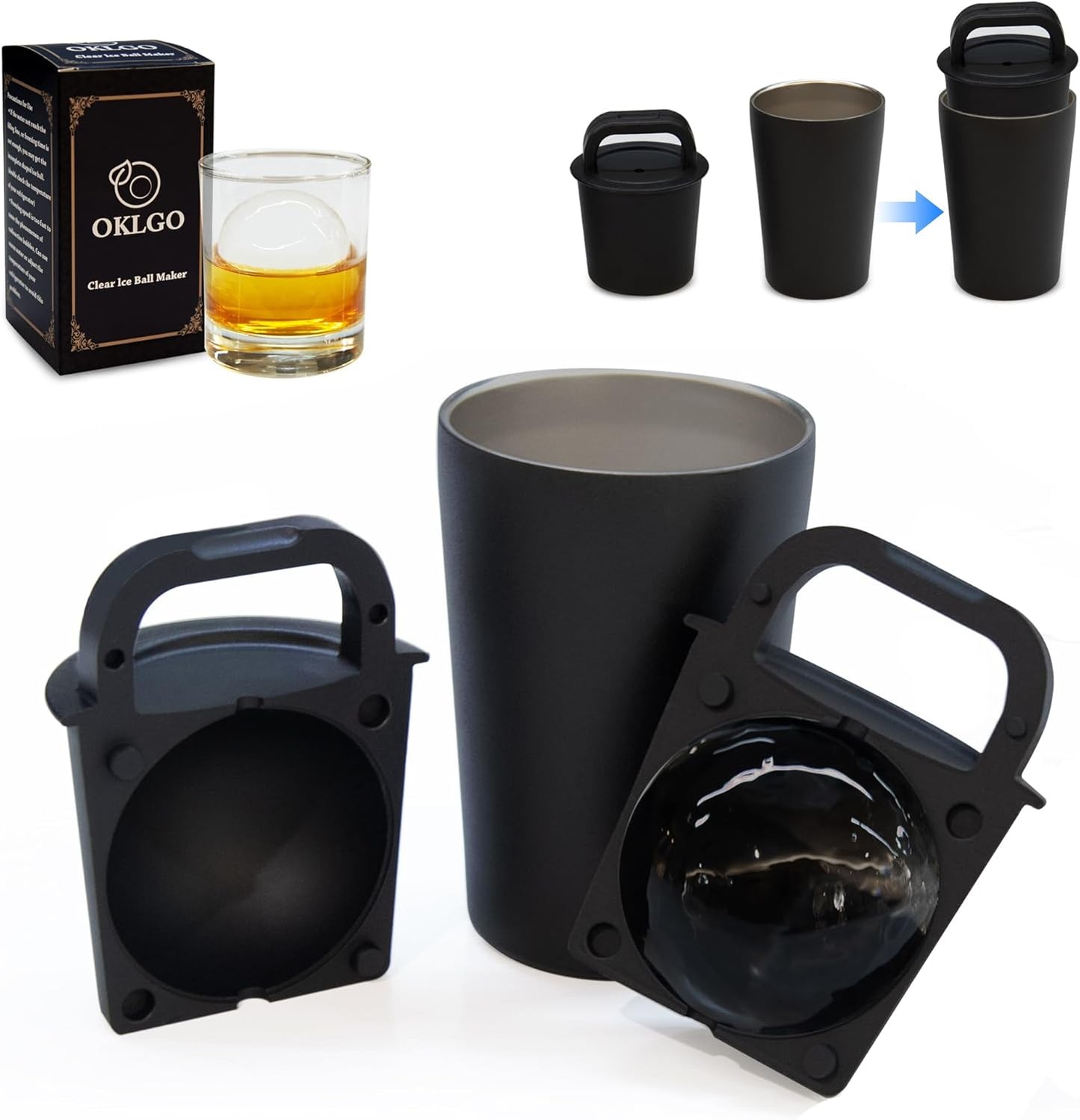 Clear Ice Cube Maker Tray – 2.5 Inch Large Round Ice Ball Mold, Stainless Steel & Silicone, Slow Melting Clear Sphere Ice for Whiskey, Cocktails, and Home Bar Use (Black-1 Pack)