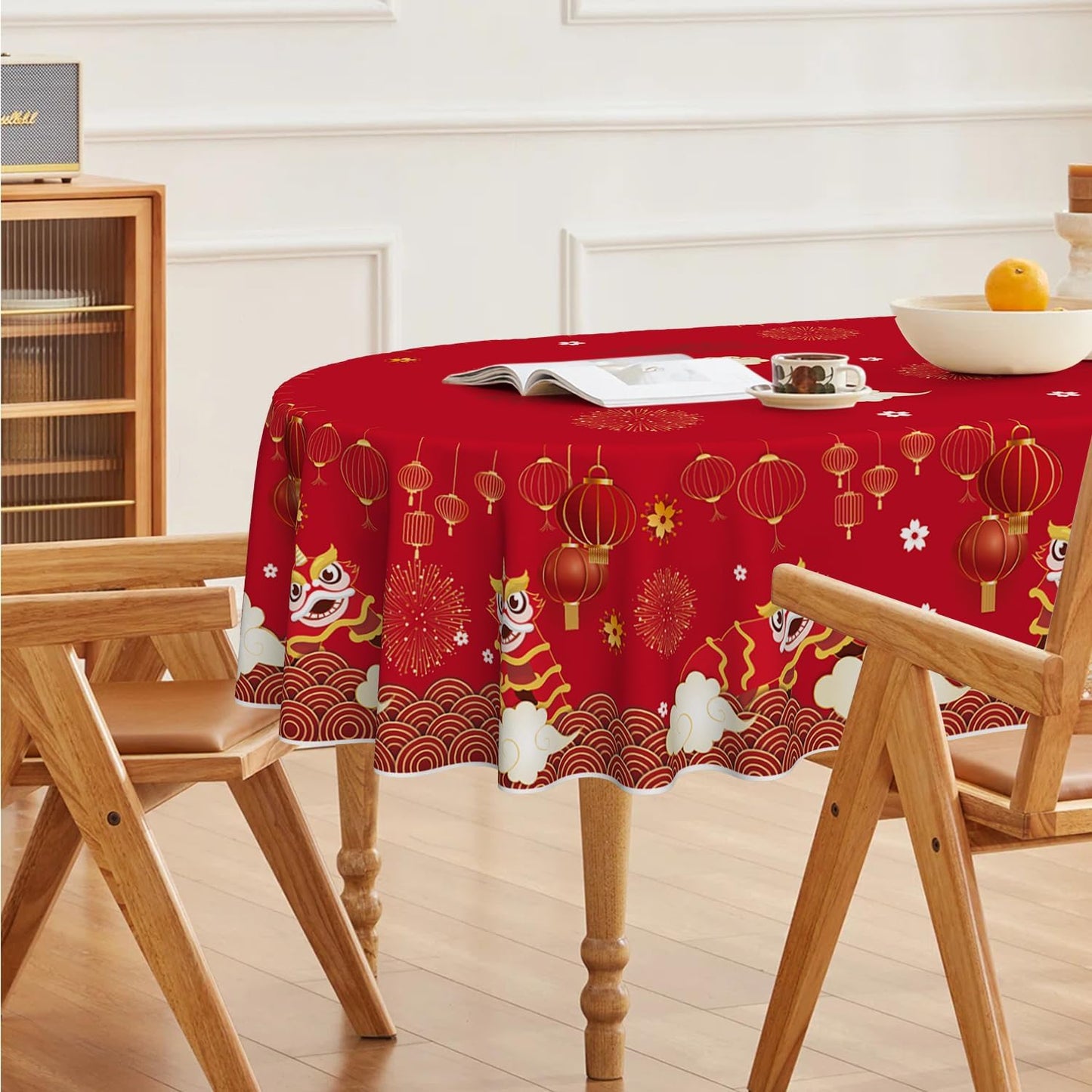 Horaldaily Newyear Tablecloth 60×84 Inch Oval, Chinese Lunar New Year Lion Dance Lantern Red Washable Table Cover for Party Picnic Dinner Decor