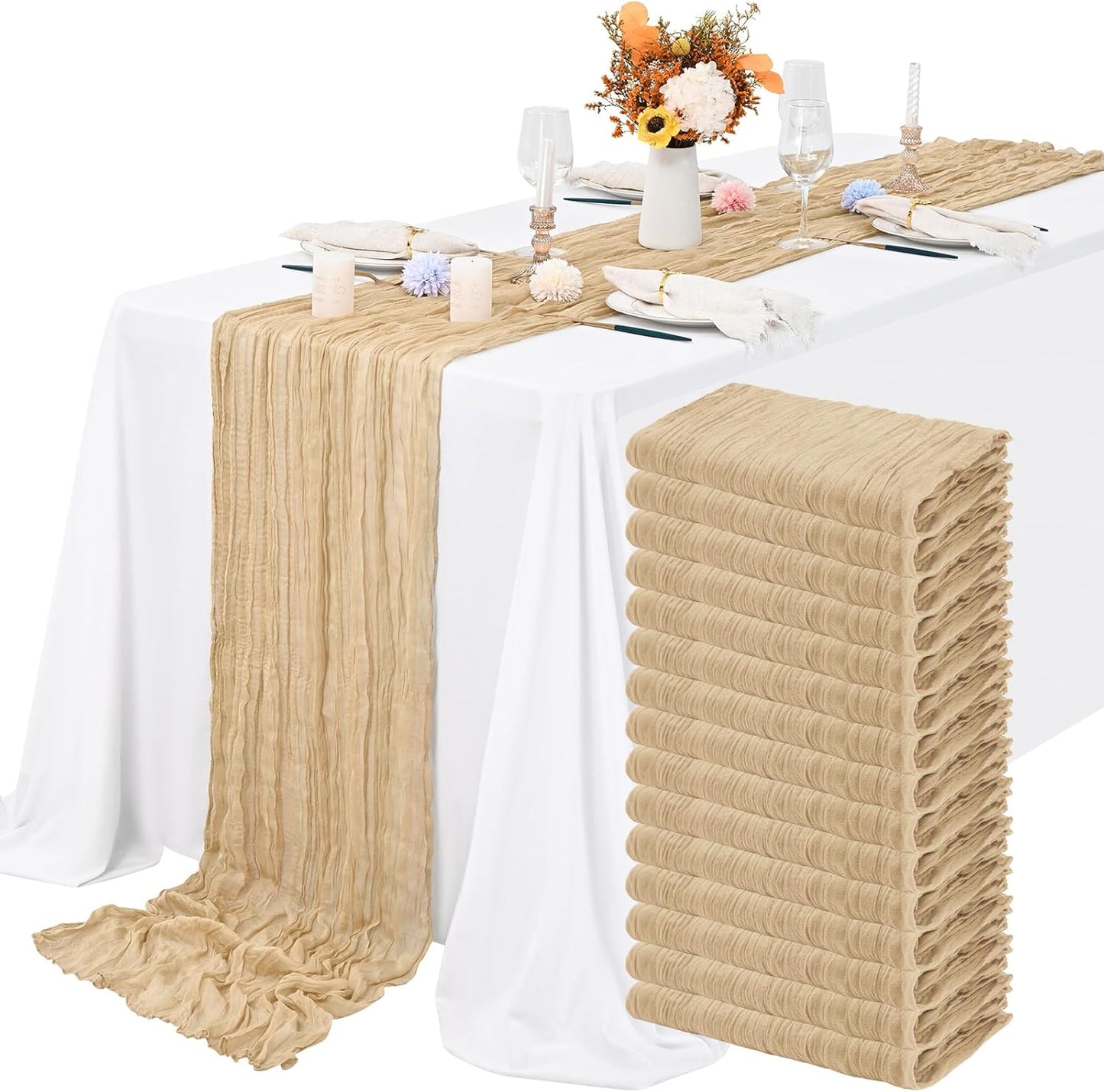 15 Packs Cheesecloth Table Runner Beige,10 Ft Rustic Gauze Boho Wedding Table Runner Decoration, Wedding Table Decor Table Cloth for Wedding Party Bridal Shower Table,21.5x120in