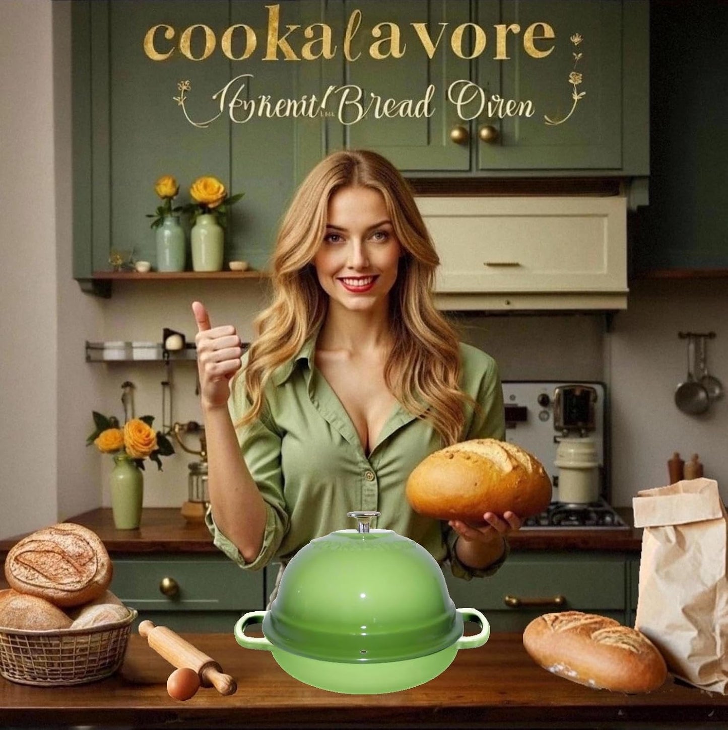 Dutch Oven for Bread Baking,6 Quart Enamel Bread Oven for Sourdough,10.5"Bread Oven with Lid,Bread Pans for Homemade Bread,Green Thick Enamel Bread Pan-with Silicone Baking Mat&Recipe,Gifts for Family