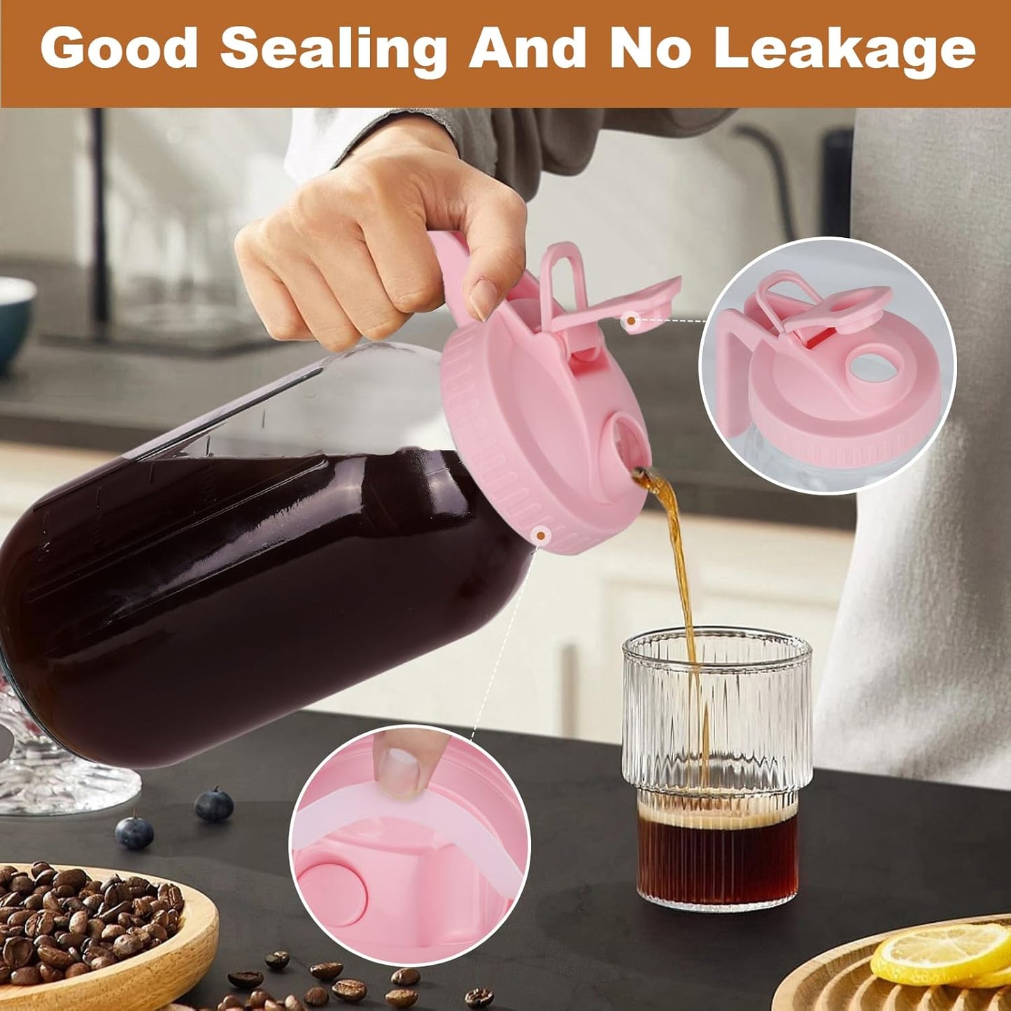 Cold Brew Coffee Maker，64 oz Wide Mouth Mason Jar Pitcher with Stainless Steel Filter, Pour Spout Handle Lid, Heavy Duty Glass Airtight & Leak-Proof for Iced Coffee & Tea Lemonade-Pink