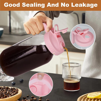 Cold Brew Coffee Maker，64 oz Wide Mouth Mason Jar Pitcher with Stainless Steel Filter, Pour Spout Handle Lid, Heavy Duty Glass Airtight & Leak-Proof for Iced Coffee & Tea Lemonade-Pink