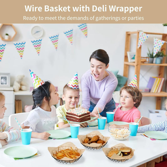 24 PCS Food Serving Wire Baskets, 9.8 x 9.8 x 1.8 Inch Wire Bread Baskets with 100 Sheets Deli Wrapper, Metal Snack Basket with Oil-Absorbing Paper for Restaurant Party